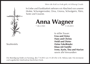 Traueranzeige von Anna Wagner von Pegnitz-Zeitung